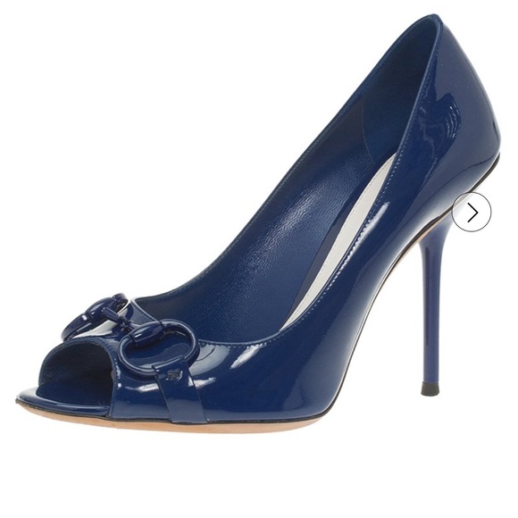 GUCCI navy blue horsebit peep toe pumps heels Size 9 B Made in Italy - Picture 1 of 10